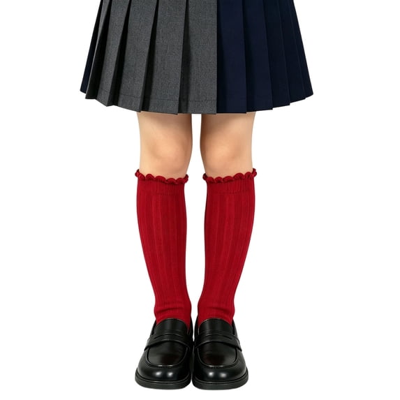 fnnxnal Red Knee High Socks for Girls, Cotton Ruffle Ribbed Scalloped School Uniform,Size 3-4T
