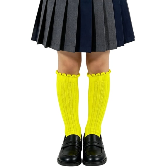 fnnxnal School Uniform Knee High Socks for Girls, Cotton Ruffle Ribbed Scalloped Trim, Yellow,Size 3-4T