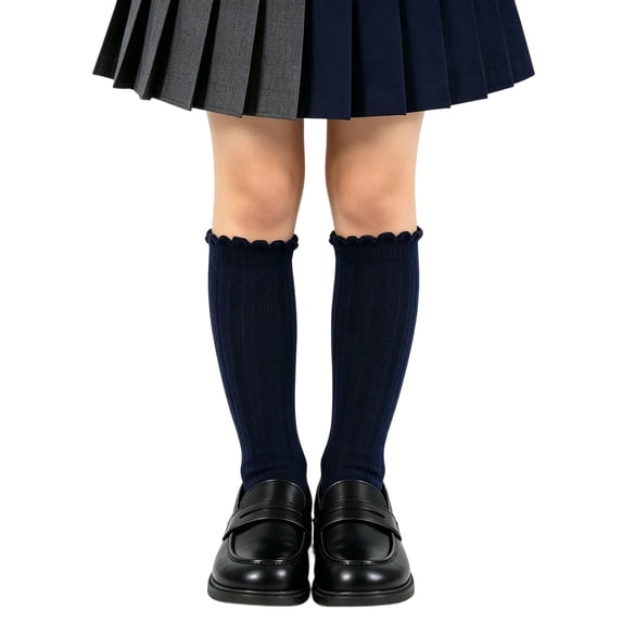 fnnxnal School Uniform Knee High Socks for Girls, Navy Cotton Ruffle Ribbed Scalloped,Size 5-6T