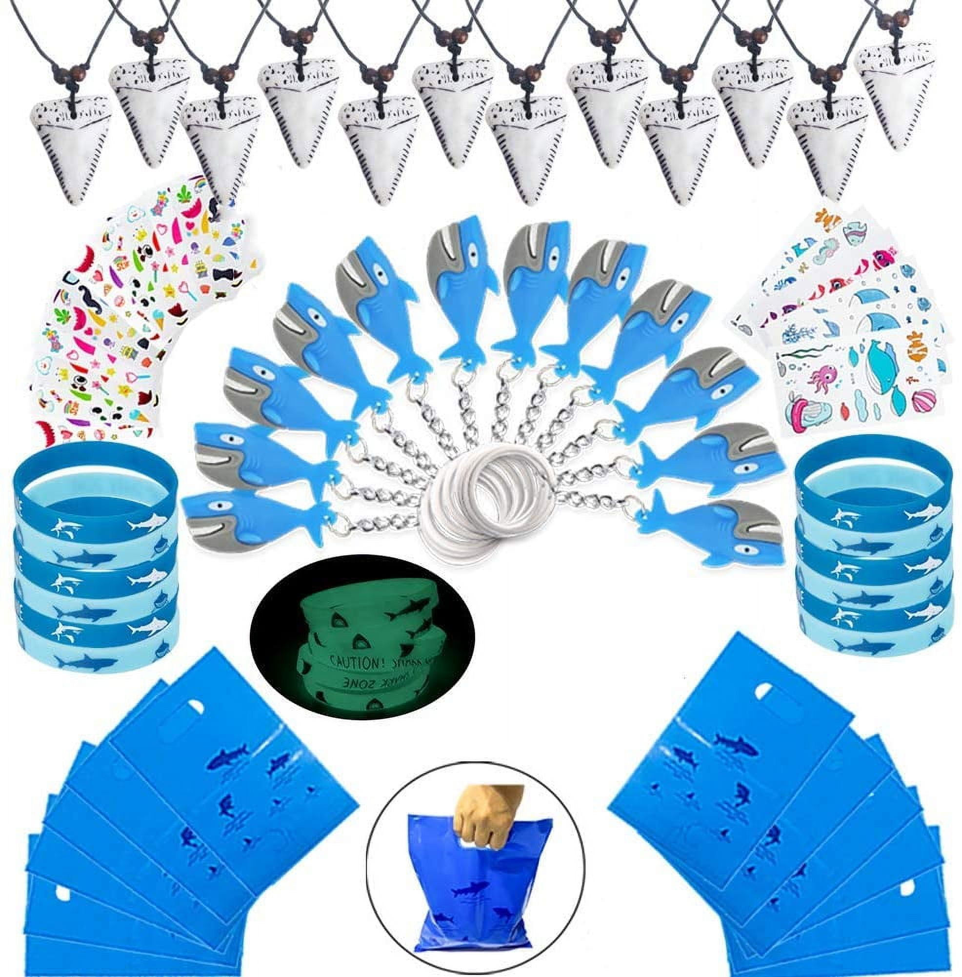 foci cozi-66Pcs/Set Shark Party Favor Supplies Pack -Shark Tooth Necklace Tattoo Sticker Shark Gift Bag Shark Bracelet Pin Back Button
