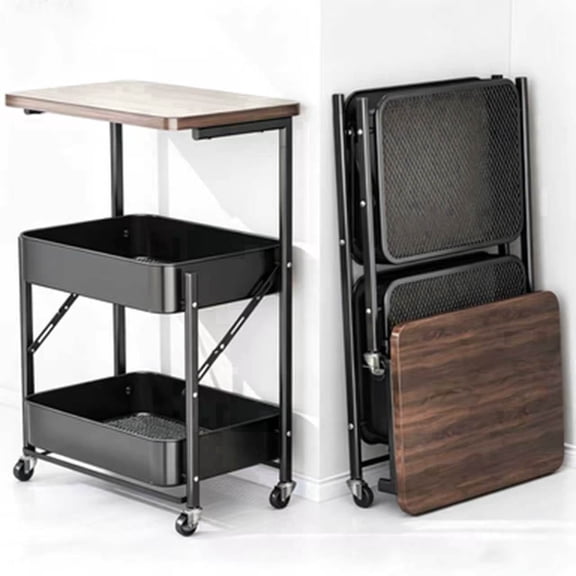LCNDKF Foldable Rolling Storage Cart with Wooden Top 2 Tier Mesh Basket Black 1 Pack