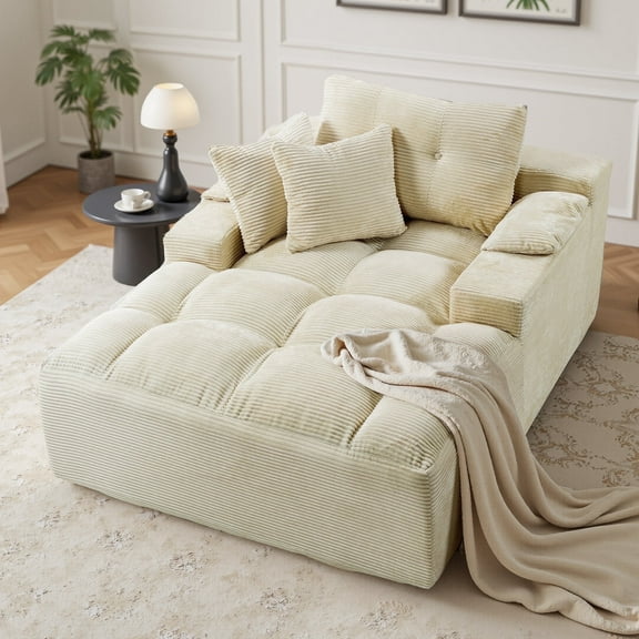Oversized Chaise Lounge Chair Indoor, Plush Sleeper Sofa Couch Reading Chairs with Throw Pillows and Removable Armrest Pads for Living Room, No Assembly Required, Cream