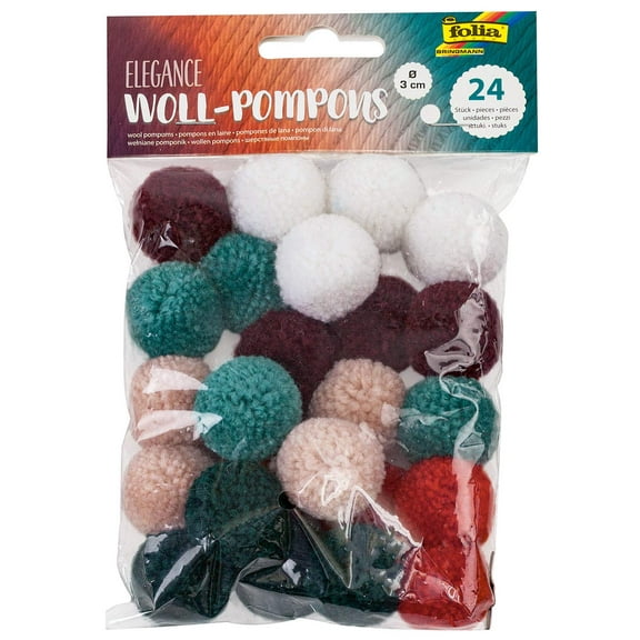 folia Elegance Wool Pompoms, Pack of 24, Assorted in 6, Approx. 3 cm Diameter, Ideal for Colour
