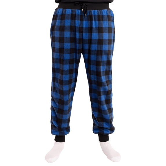 #followMe Men's Microfleece Buffalo Plaid Pajama Pants with Pockets: Comfortable Joggers (Blue and Black Buffalo Plaid Jogger, Small)