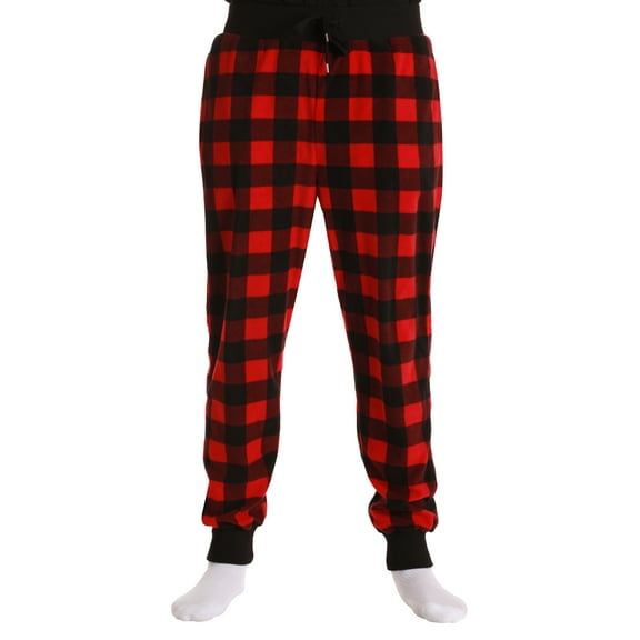 #followMe Men's Microfleece Buffalo Plaid Pajama Pants with Pockets: Comfortable Joggers (Red and Black Buffalo Plaid Jogger, Medium)
