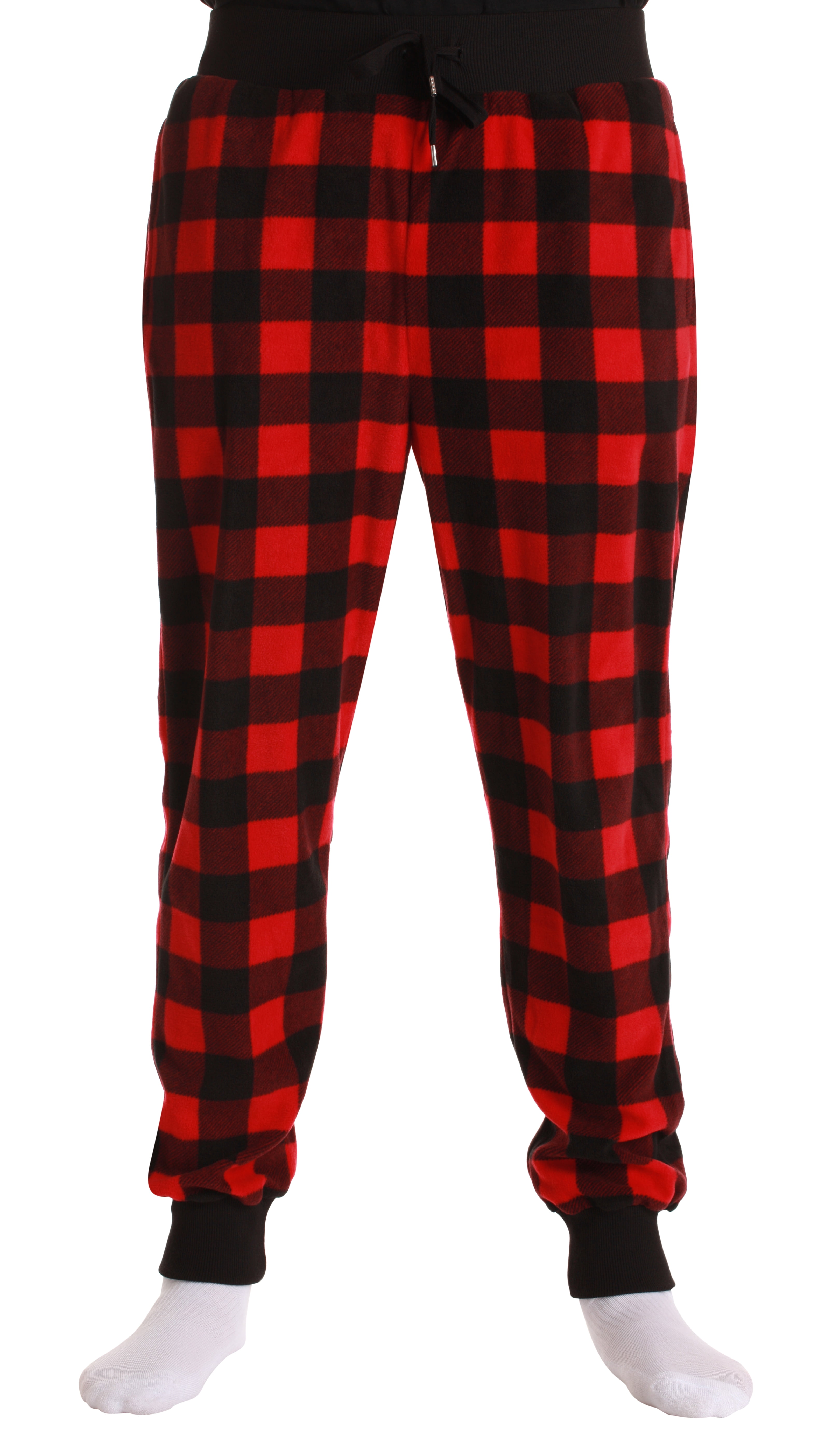 #followMe Men's Microfleece Buffalo Plaid Pajama Pants with Pockets:  Comfortable Joggers (Red and Black Buffalo Plaid Jogger, X-Large)