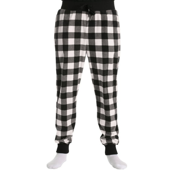 #followMe Men's Microfleece Buffalo Plaid Pajama Pants with Pockets: Comfortable Joggers (White and Black Buffalo Plaid Jogger, Medium)