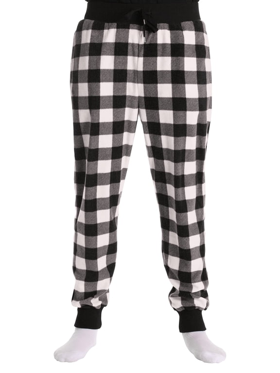#followMe Men's Microfleece Buffalo Plaid Pajama Pants with Pockets: Comfortable Joggers (White and Black Buffalo Plaid Jogger, Medium)