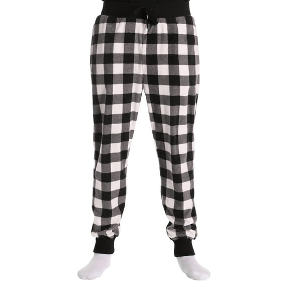 #followMe Men's Microfleece Buffalo Plaid Pajama Pants with Pockets: Comfortable Joggers (White and Black Buffalo Plaid Jogger, Small)