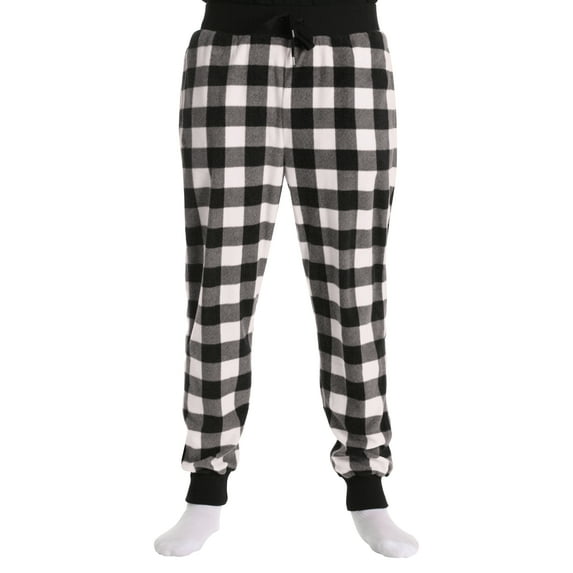 #followMe Men's Microfleece Buffalo Plaid Pajama Pants with Pockets: Comfortable Joggers (White and Black Buffalo Plaid Jogger, X-Large)