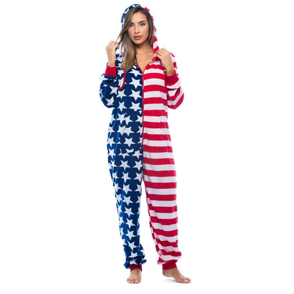 #followme American Flag Adult Onesie Pajamas (Women's Flag - Red, Small)