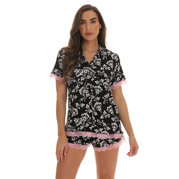 #FollowMe Womens Button-Down Pajama Shorts Set with Notch Collar  Chic & Comfy Loungewear (Black - Fancy Floral, 3X)