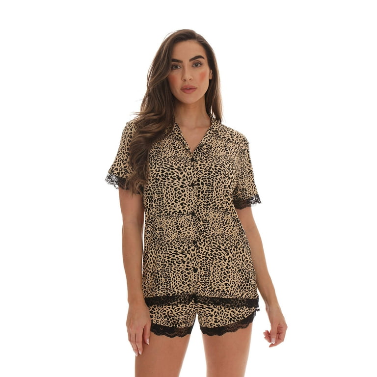 followme Button Down Pajama Shorts Set with Notch Collar Cheetah Small