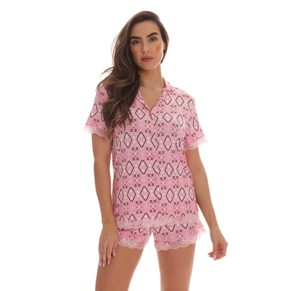 #FollowMe Womens Button-Down Pajama Shorts Set with Notch Collar Chic & Comfy Loungewear (Coral - Aztec, 3X)