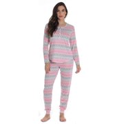 #FollowMe Womens Hacci Pajama Pant Set Warm, Comfy Sleepwear Coral - Aztec Print, Large