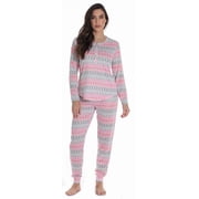 #FollowMe Womens Hacci Pajama Pant Set Warm, Comfy Sleepwear Coral - Aztec Print, Large