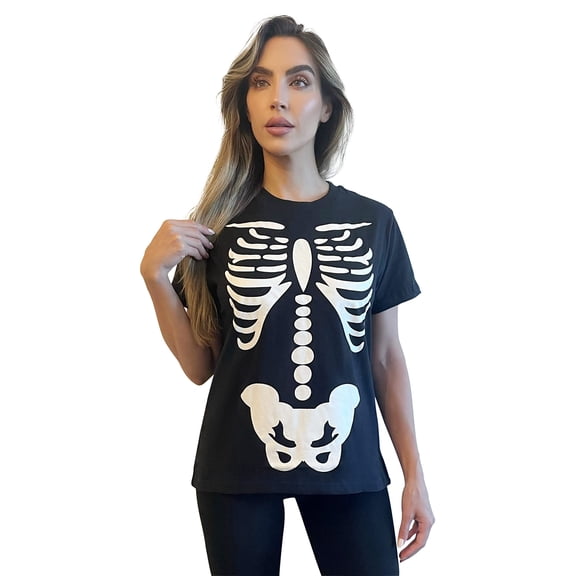 #followme Halloween T-Shirt for Women Skeleton & Pumpkin (Skeleton - Black, Large)