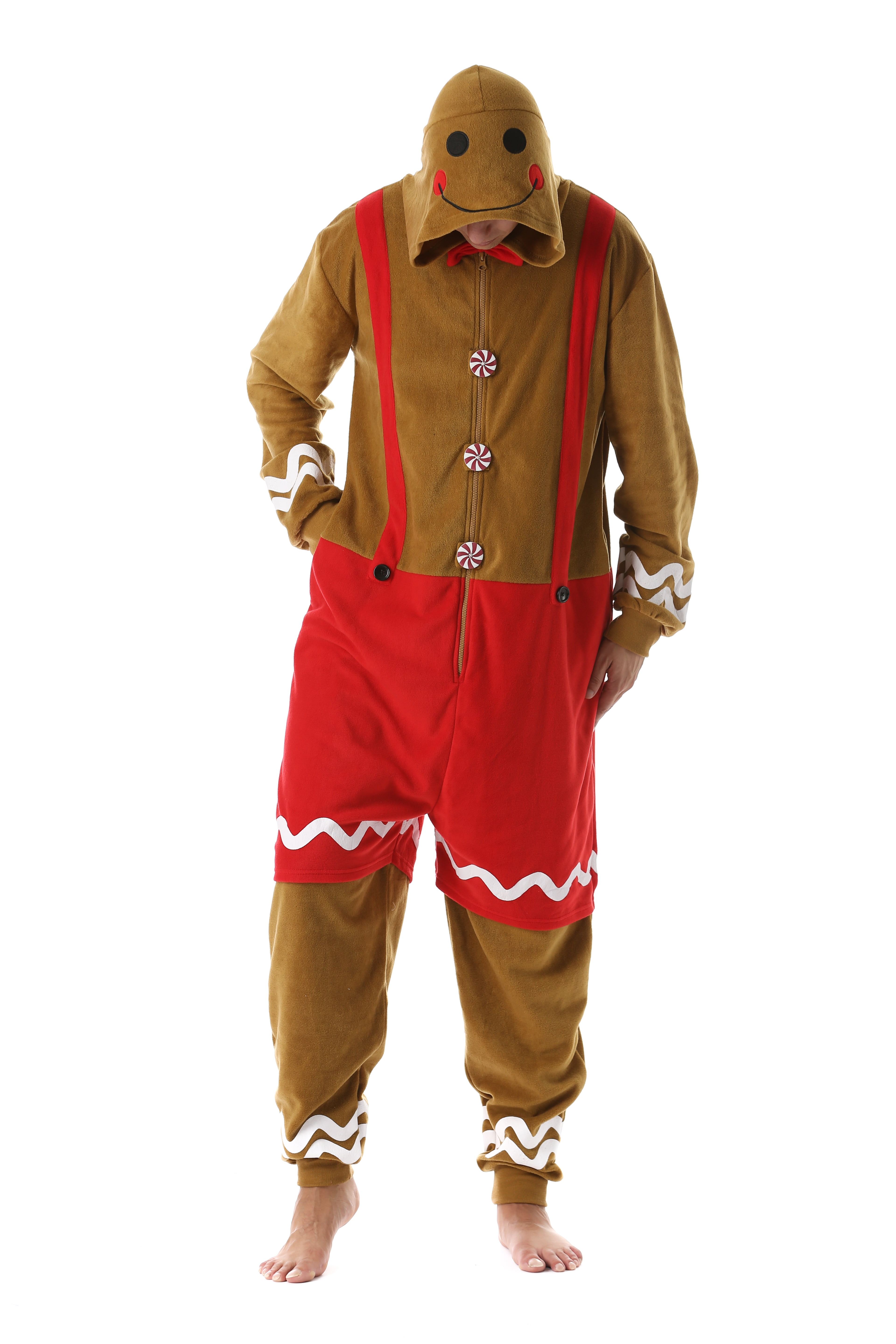 #followme Mens Adult Bodysuit Holiday Microfleece Jumpsuit One-Piece Pajamas (Gingerbread Man, Large)