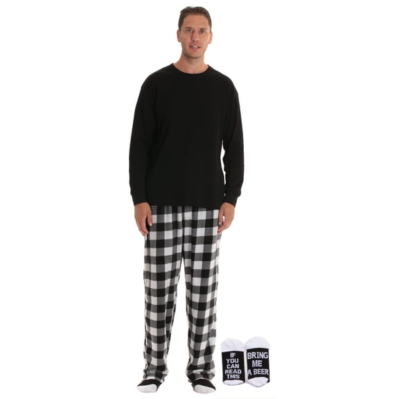 #FollowMe Mens Novelty Pajama Pants Set with Matching Socks  Fun & Comfy Sleepwear (Buffalo Plaid - Bring Me Beer White, X-Large)