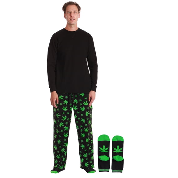 #FollowMe Mens Novelty Pajama Pants Set with Matching Socks Fun & Comfy Sleepwear (Leaf Print with Socks, Small)