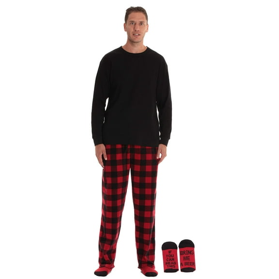#FollowMe Mens Novelty Pajama Pants Set with Matching Socks  Fun & Comfy Sleepwear (Red Black Buffalo Plaid with Socks - Bring Me Beer, Small)