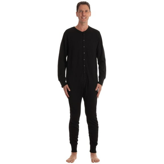 #followme Men's Solid Thermal Henley Adult Onesie (Black, Small)