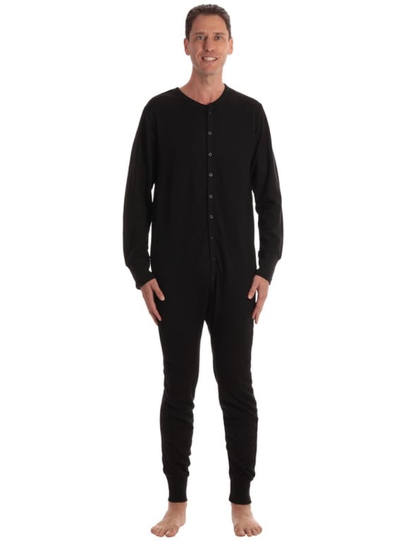 #followme Men's Solid Thermal Henley Adult Onesie (Black, X-large)