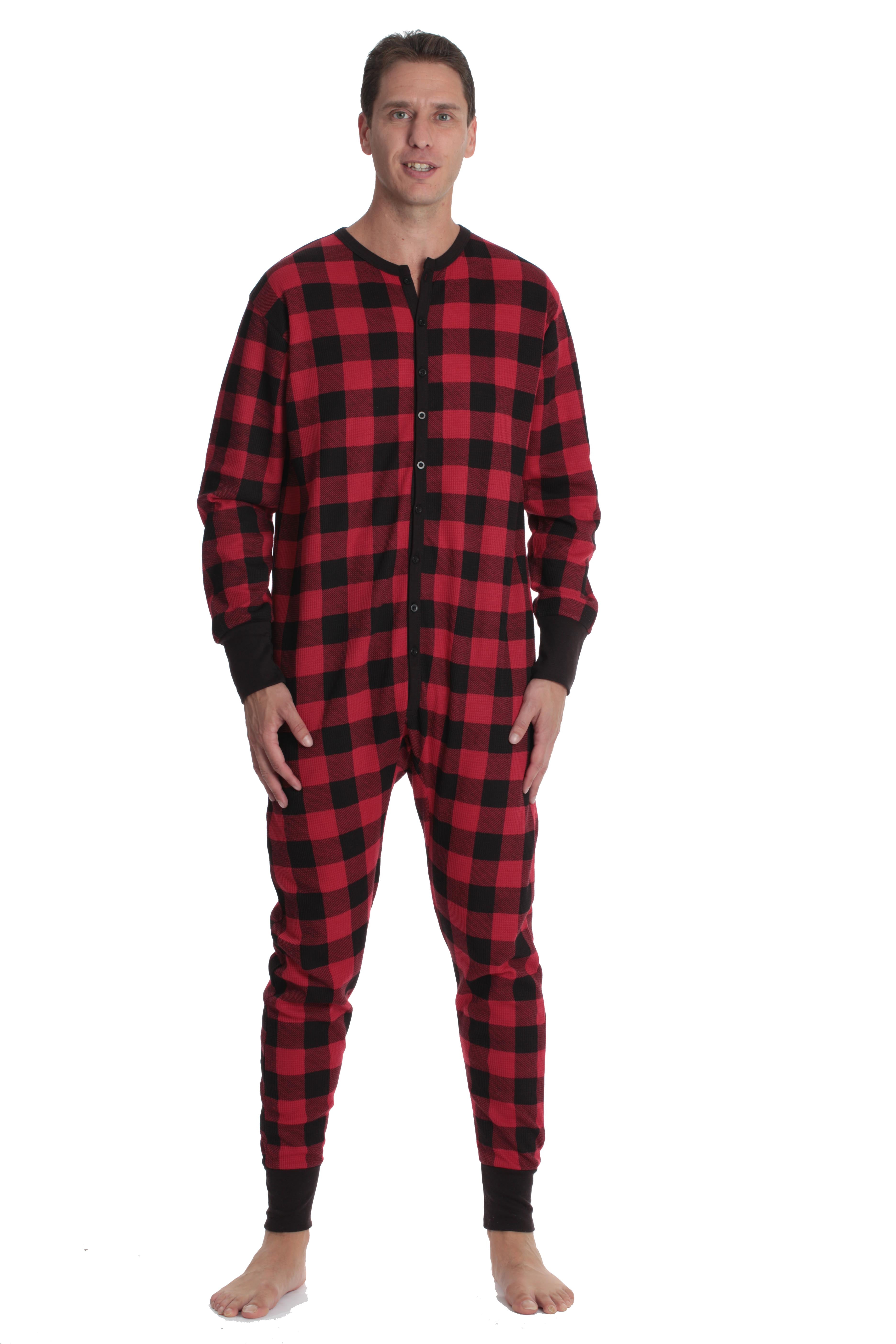 followme Men's Solid Thermal Henley Adult Onesie (Red - Buffalo Plaid,  Small) 