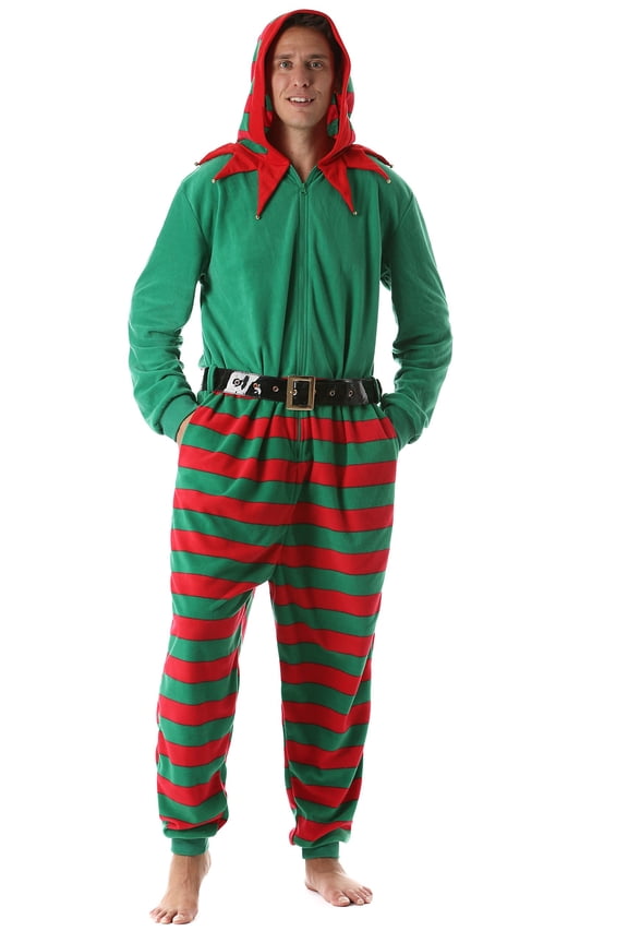 #followme Mens Adult Bodysuit Holiday Microfleece Jumpsuit One-Piece Pajamas (Elf, Medium)