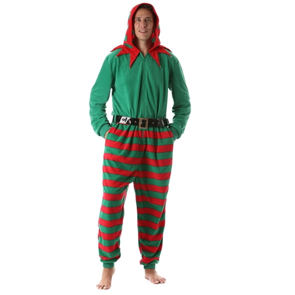 #followme Mens Adult Bodysuit Holiday Microfleece Jumpsuit One-Piece Pajamas (Elf, Small)