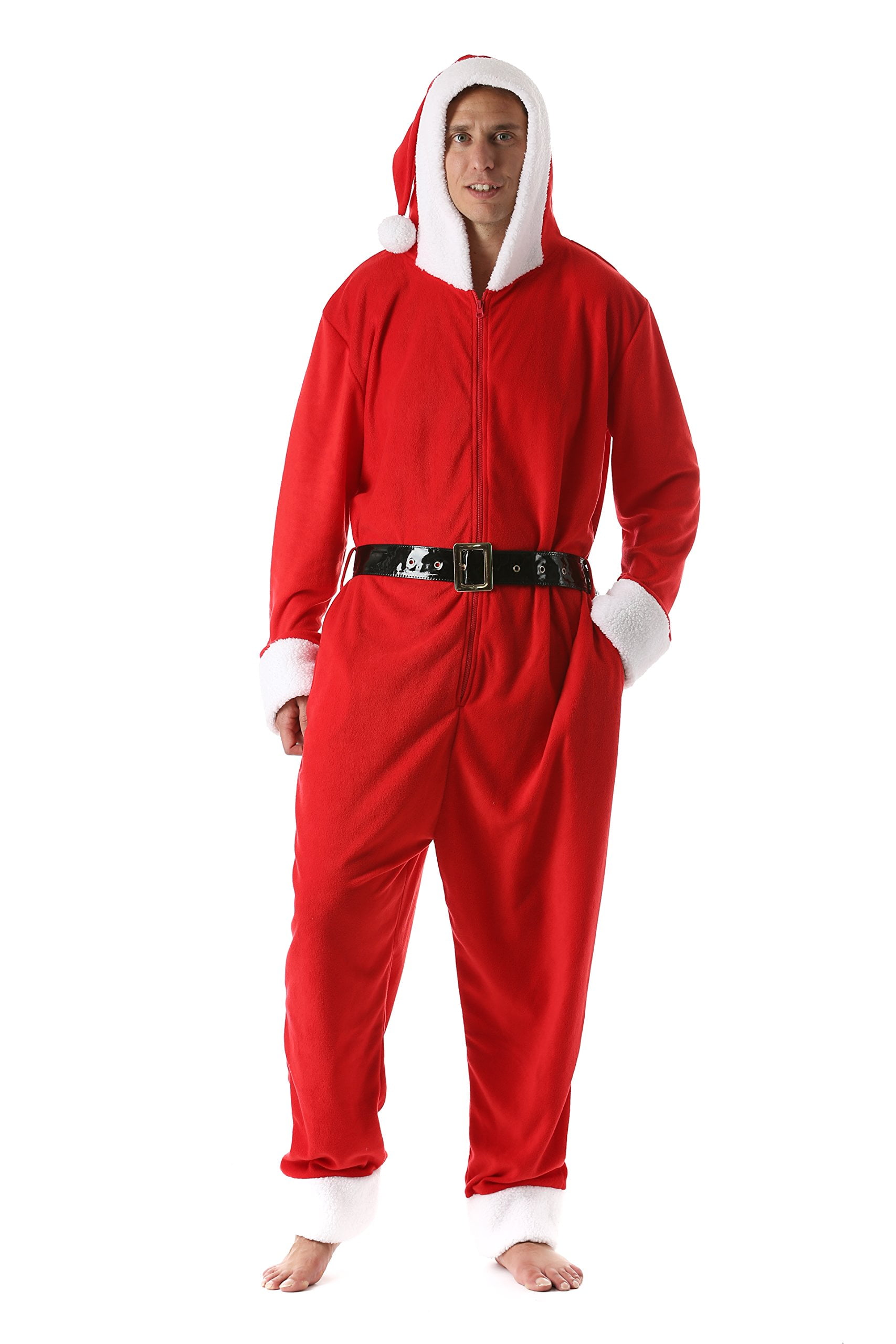 #followme Mens Adult Bodysuit Holiday Microfleece Jumpsuit One-Piece Pajamas (Santa, Small)