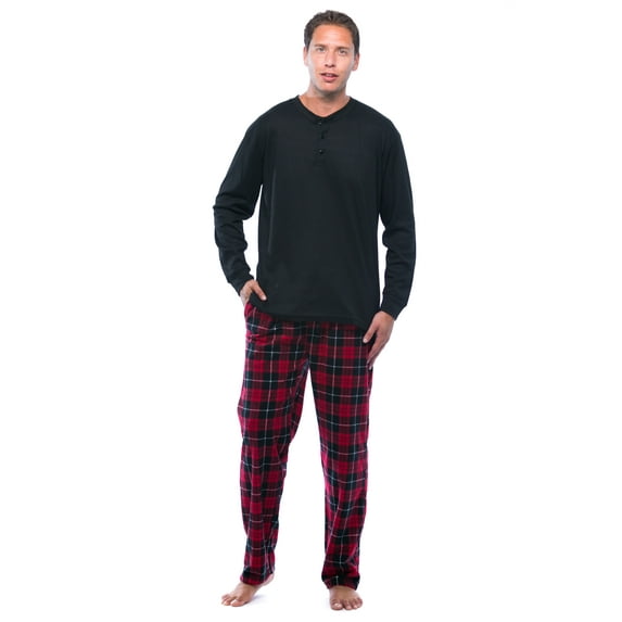 #followme Pajama Set for Men with Thermal Henley Top and Polar Fleece Pants 44909 (Black with Red Pant, Large)