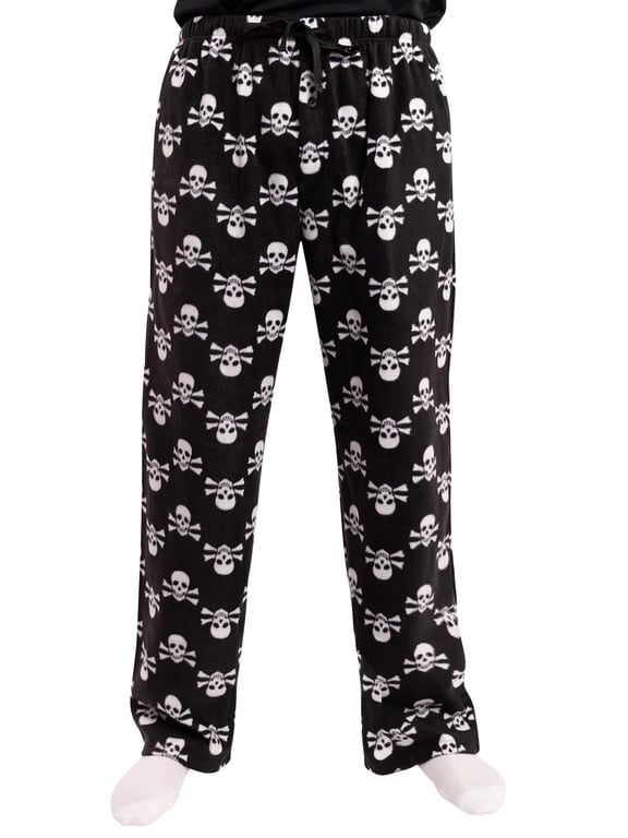 #followme Microfleece Mens Buffalo Plaid Pajama Pants with Pockets (Black Skull Crossbones, Small)