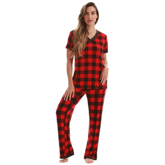 #FollowMe Pajama Pants Set with Satin Trim Stylish, Cozy Sleepwear (Red Buffalo Plaid With Satin Trim, 2X)