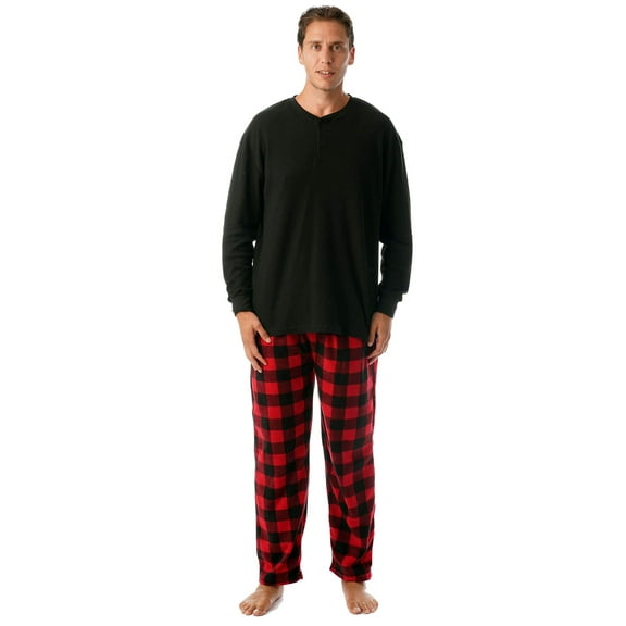 #FollowMe Mens Thermal Henley Pajama Set with Polar Fleece Pants  Warm, Comfy Sleepwear (Black With Red Black Buffalo Plaid Pant, 3X-Large)