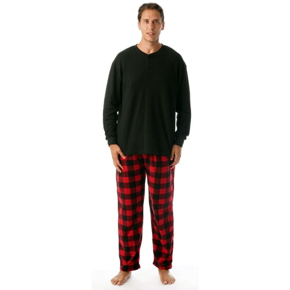 #FollowMe Mens Thermal Henley Pajama Set with Polar Fleece Pants  Warm, Comfy Sleepwear (Black with Red Black Buffalo Plaid Pant, Large)