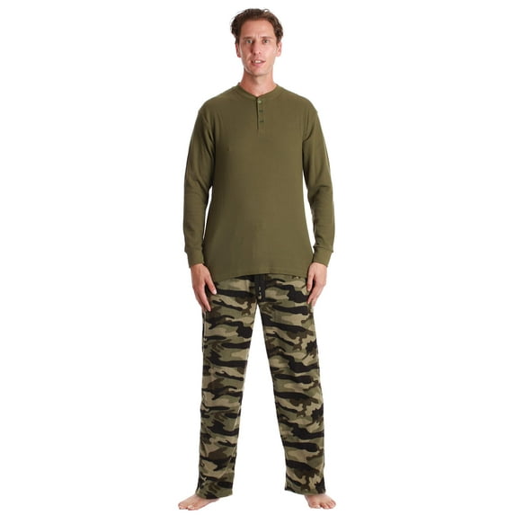 #FollowMe Mens Thermal Henley Pajama Set with Polar Fleece Pants Warm, Comfy Sleepwear (Camouflage Green, Large)