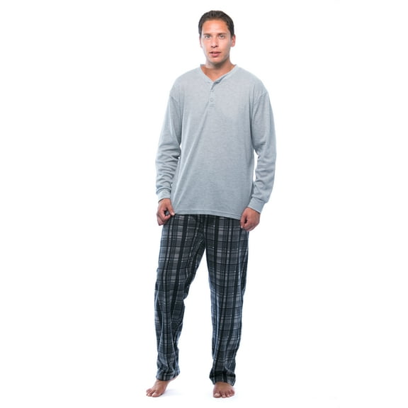 #FollowMe Mens Thermal Henley Pajama Set with Polar Fleece Pants Warm, Comfy Sleepwear (Charcoal, Medium)