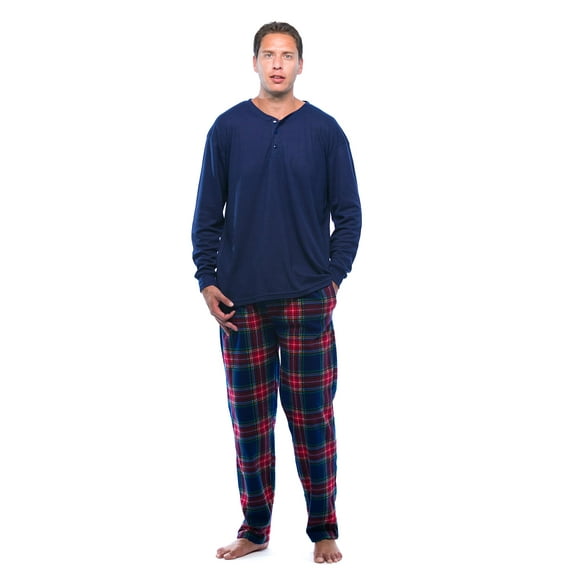 #FollowMe Mens Thermal Henley Pajama Set with Polar Fleece Pants Warm, Comfy Sleepwear (Navy, Large)