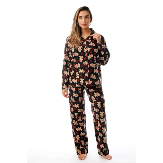 #followme Printed Flannel Button Front PJ Pant Set (Black - Bite Me Gingerbread Man, Small)
