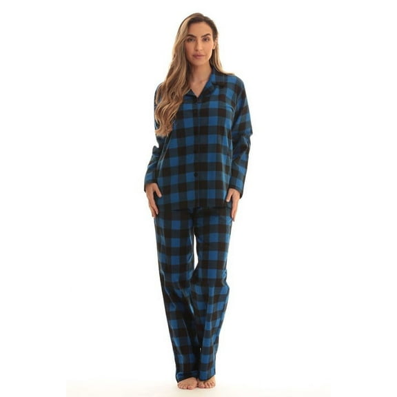 #followme Printed Flannel Button Front PJ Pant Set (Blue - Buffalo Plaid, 2X)