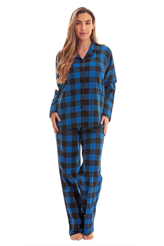 #followme Printed Flannel Button Front PJ Pant Set (Blue - Buffalo Plaid, Medium)