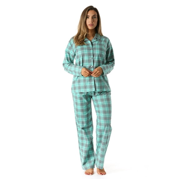 #followme Printed Flannel Button Front PJ Pant Set (Jade - Plaid, 1X)