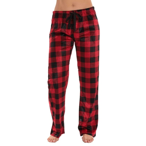 #followme Silky Fleece Buffalo Plaid Pajama Pants for Women (Red Buffalo Plaid, Medium)