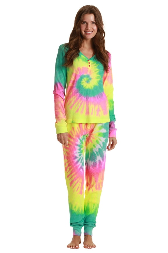 #followme Tie Dye 2 Piece Jogger Thermal Pajama Set for Women 6862-10575-XXL (Tie Dye Neon Swirl, Small)