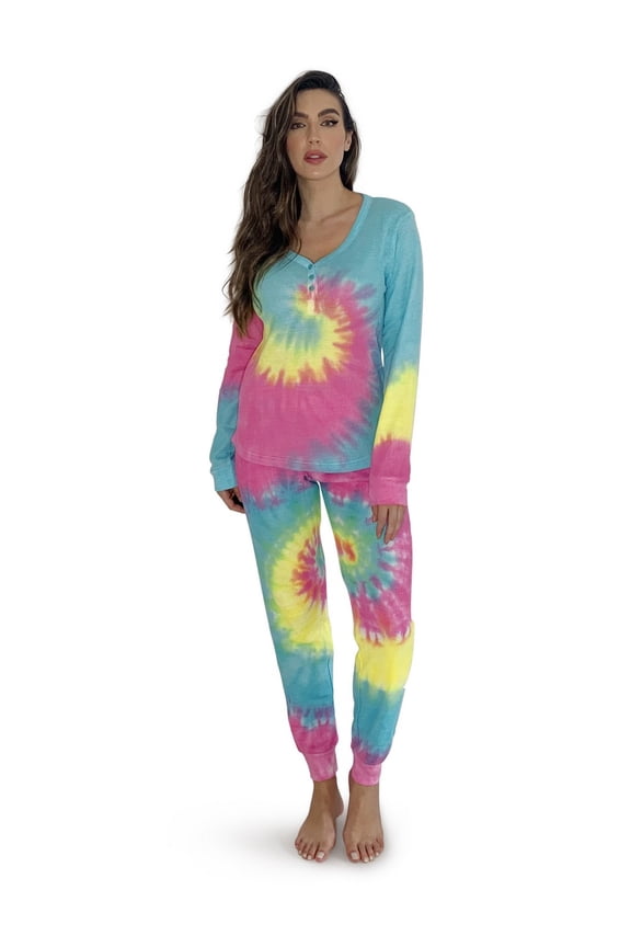 #followme Tie Dye 2 Piece Jogger Thermal Pajama Set for Women 6862-10575-XXL (Tie Dye Pastel Swirl, X-Large)