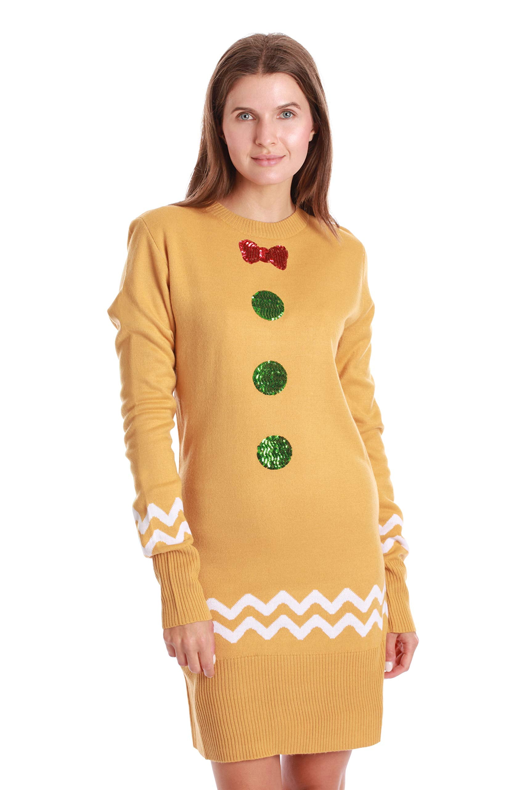 #followme Ugly Christmas Holiday Sweater Dress 6872-225-M (Tan -  Gingerbread Dress, Large)