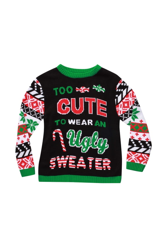 #followme Ugly Christmas Sweaters for Girls 68601-363-7-8 (Black - Too Cute, 14-16 Years)