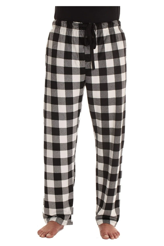 #followme Ultra Soft Fleece Men's Plaid Pajama Pants with Pockets (Black & White Buffalo Plaid, Large)