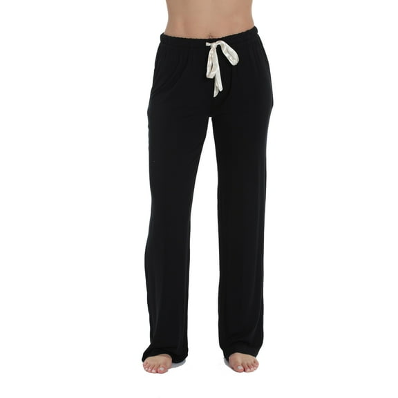 #followme Ultra Soft Solid Stretch Jersey Pajama Pants for Women (Black with Cream, Medium)